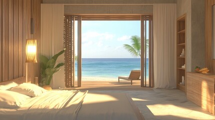 Fototapeta premium A bedroom with a bed and sliding glass doors to the ocean, AI