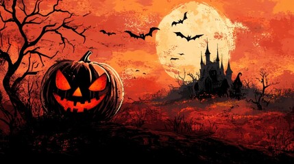 A halloween pumpkin with bats flying around it in a dark forest, AI