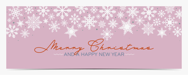 Christmas greetings banner with white snowflakes on pink background and colorful text vector illustration	