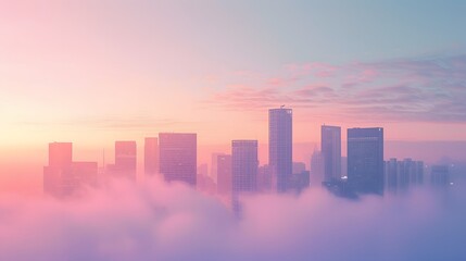 Fototapeta premium A pastel city skyline enveloped in a subtle fog at dawn AI generated illustration
