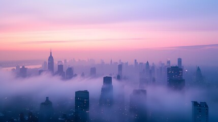 Obraz premium A pastel city skyline enveloped in a subtle fog at dawn AI generated illustration