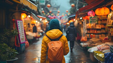 Obraz premium A person exploring a vibrant street market in a foreign city AI generated illustration