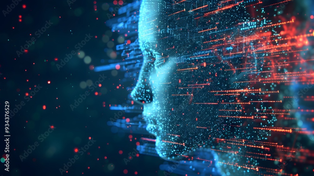 Poster a personified artificial intelligence entity absorbing copious amounts of data indicating the machin