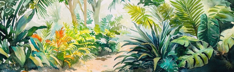 Naklejka premium Watercolor depiction of a fern in a small garden setting