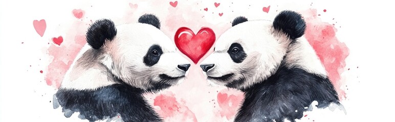 Panda couple watercolor illustration for Valentine s Day