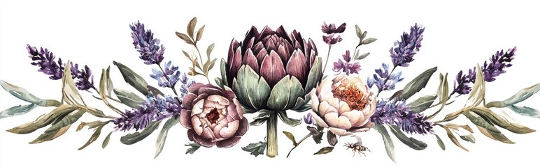 Obraz premium Vintage floral composition in watercolor style Bohemian design featuring isolated elements including artichoke cicada and lavender Ideal for invitations weddings or greeting cards