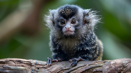 Amazon Common Marmoset sitting on a branch, its expressive face and fur details visible