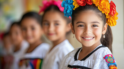 Fototapeta premium Smiling Young Girls in Traditional Mexican Dresses with Colorful Flower Crowns