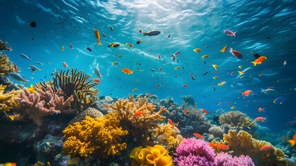 A serene underwater coral reef teeming with marine life AI generated illustration