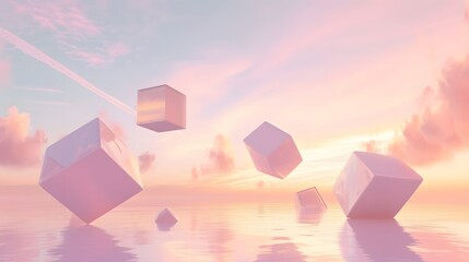 A series of 3D geometric shapes floating in a serene pastel sky AI generated illustration