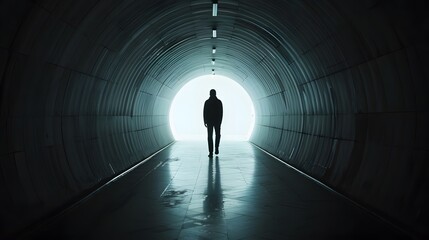 A shadowy figure standing at the end of a long tunnel-like corridor  AI generated illustration