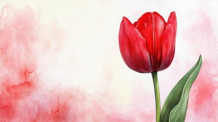 Red tulip on paper with watercolor design