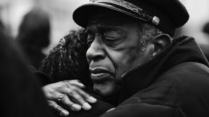 Emotional Embrace Between Two People in Black and White