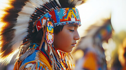 Young Native American in Traditional Feathered Headdress at Sunset