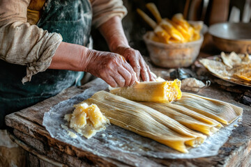 Hands Preparing Traditional Tamales on a Rustic Wooden Table
