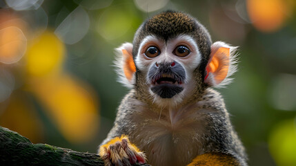 Obraz premium Amazon Common Squirrel Monkey face, its curious expression highlighted with a blurred background