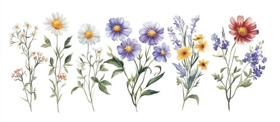 Obraz premium Watercolor bouquets of wildflowers arrangements of daisies and vintage enamel floral elements
