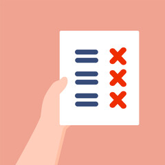 Hand holding paper form with cross mark. Failed score result. Performance, achievement, evaluation concepts. Flat vector design illustration isolated on background.