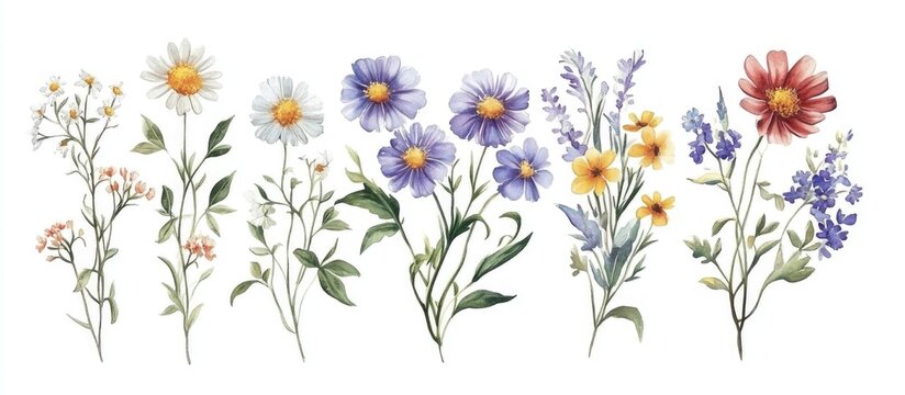 Watercolor bouquets of wildflowers arrangements of daisies and vintage enamel floral elements