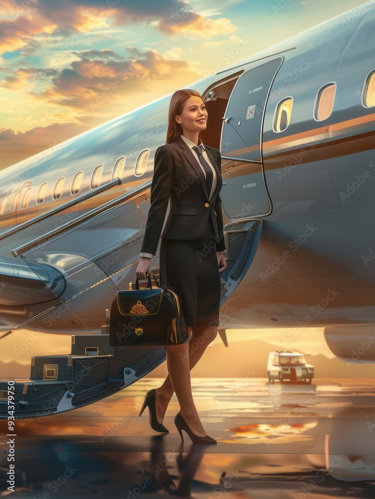 Poster a flight attendant steps off a plane during sunset, exemplifying warmth and professionalism while ca