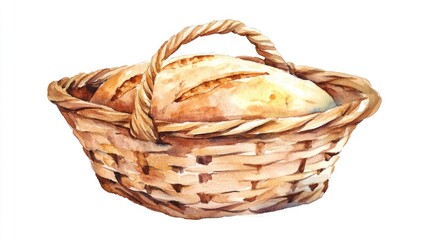 Vibrant watercolor illustration of a wicker bread basket isolated on a white background Vintage hand drawn sketch design in a rustic style