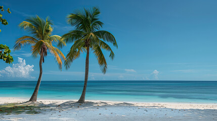 Fototapeta premium Palm tree at beach with green sea. Luxury travel vacation destination. Exotic beach landscape. Amazing nature, relax, freedom tourism