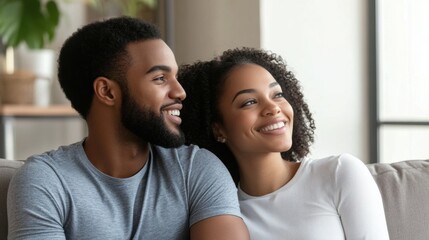 Obraz premium A man and woman sitting on a couch smiling at each other, AI