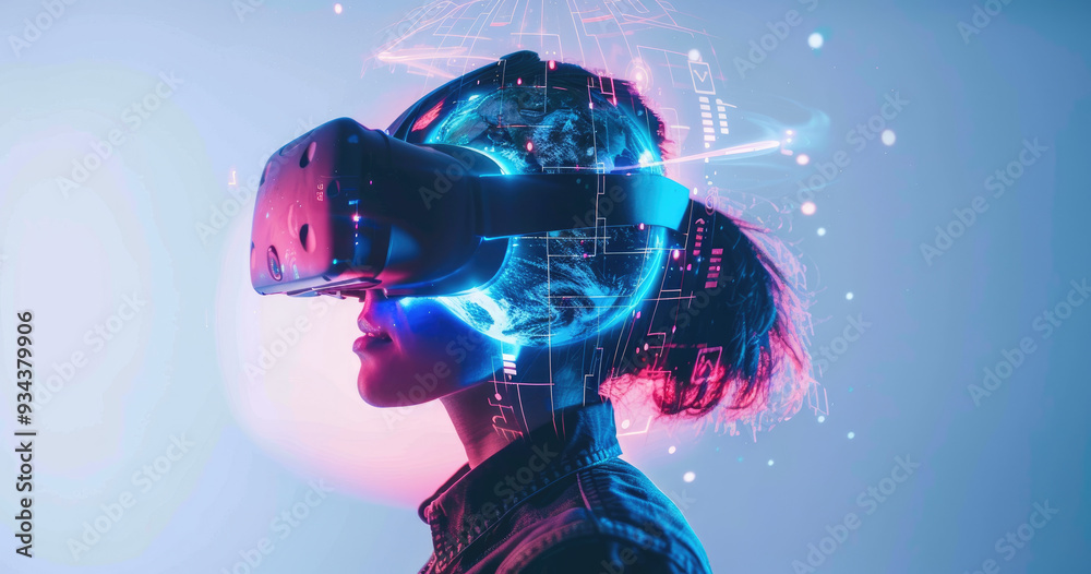 Wall mural A person wearing VR glasses, with digital holographic elements floating around their head and the Earth in focus on a white background.