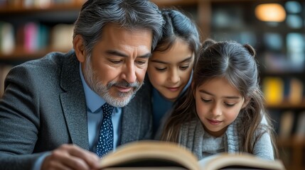 An affectionate family moment captured indoors as a father reads from a book to his two young daughters.