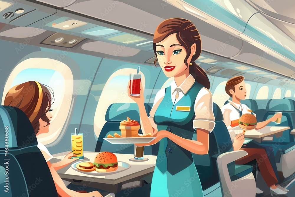 Poster a flight attendant attentively serves meals and drinks to passengers seated comfortably on a bustlin