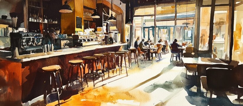 Watercolor depiction of a cafe interior