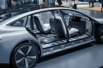 Fototapeta premium Electric Car with lithium ion battery assembly production Line