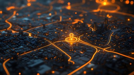 Digital city map with glowing orange markers highlighting key locations on a dark urban layout