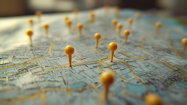 Map with yellow pushpins marking various locations on a city street map with detailed lines and labels