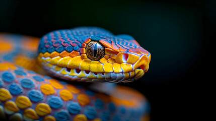 Amazon Coral Snake head, showcasing its distinctive colors and patterns