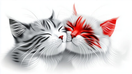 a pair of cats in love and drawn together 