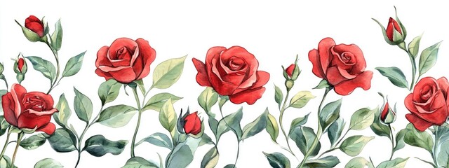 Square frame featuring red rose flowers leaves and buds Hand drawn watercolor illustration on a white background suitable for clip art cards invitations and labels