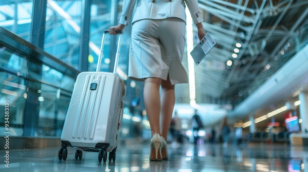Poster A flight attendant carries a suitcase and boarding pass while walking through a busy airport terminal. Generative AI