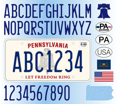 Pennsylvania US State car license plate new style pattern, letters, numbers and symbols, vector illustration, United States