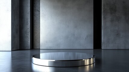 Obraz premium A silver circular pedestal sits in a room with a gray wall