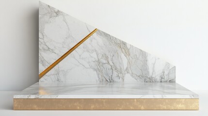A white marble wall with a gold stripe and a gold base