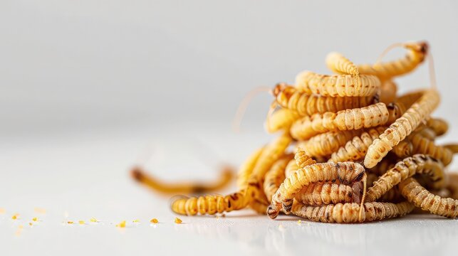 Close-up of a pile of dried mealworms. The mealworms are a light brown color and have a slightly crunchy texture. There are a few small pieces of mealworms scattered on the surface of the table.