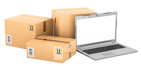 Laptop computer with parcels, 3D rendering isolated on transparent background