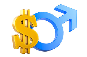 Male gender symbol with dollar symbol. 3D rendering isolated on transparent background