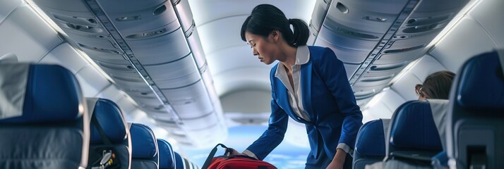 A flight attendant helps a passenger organize their carry-on luggage in the airplane aisle while preparing for takeoff. Generative AI
