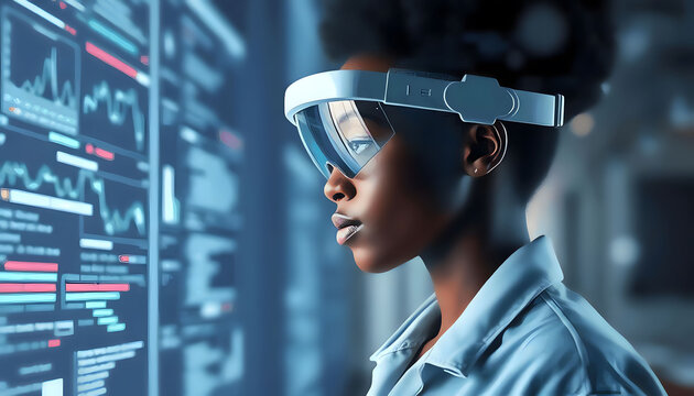 African american experienced specialist immersed in virtual reality at data center, doing units maintenance. Adept professional using VR headset to optimize servers performance, checking operations