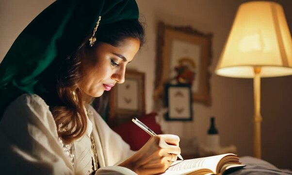 Algerian Woman Writing in Journal Before Bed