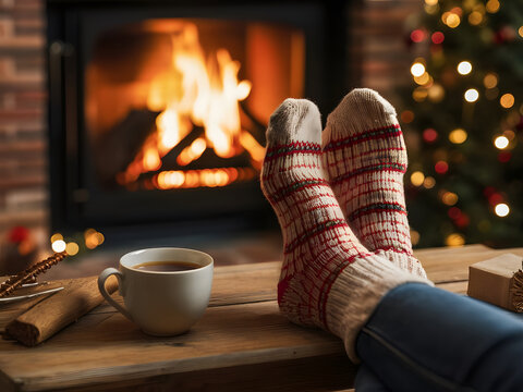 Pies en calcetines de lana junto a la chimenea
