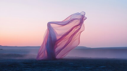 Mysterious figure draped in translucent fabric standing alone in a barren desert at dusk