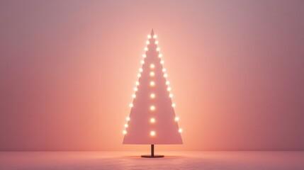 A Christmas tree with lights on it is lit up against a pink background